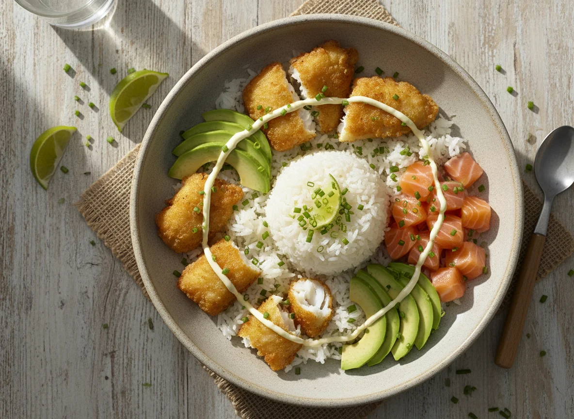 Bowl de pescado frito y salmón con arroz y aguacate photo