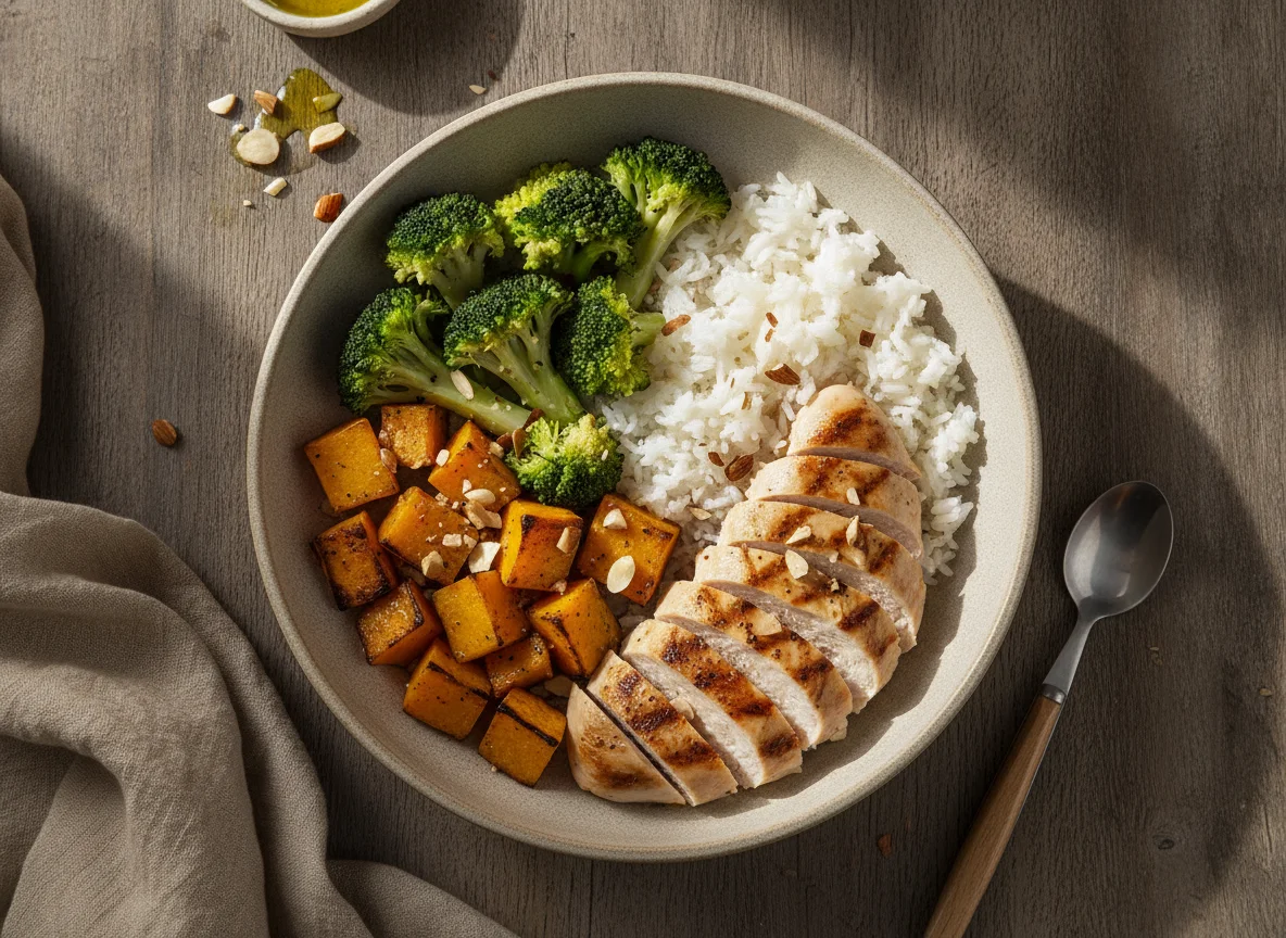 Bowl de pollo a la plancha con arroz y vegetales photo