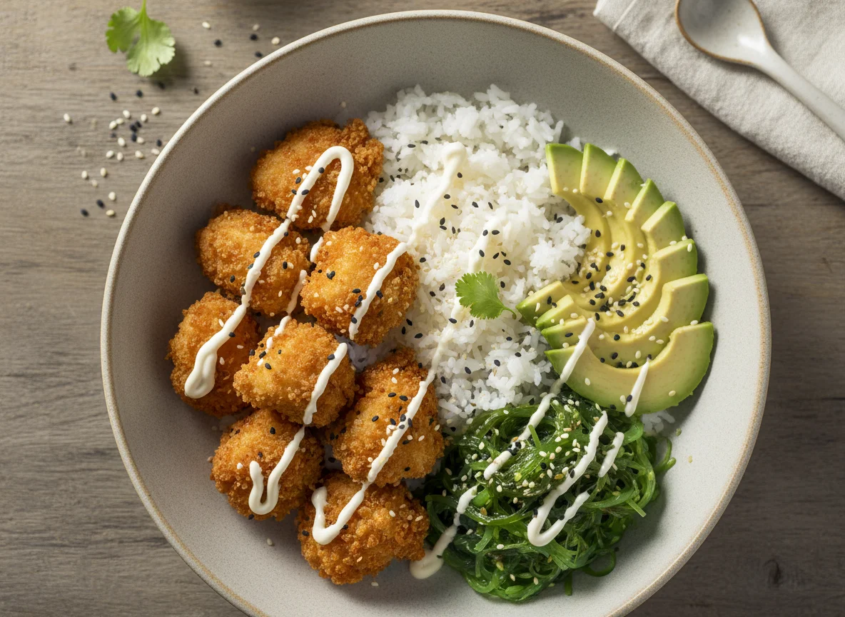 Bowl de pollo apanado con palta y wakame photo