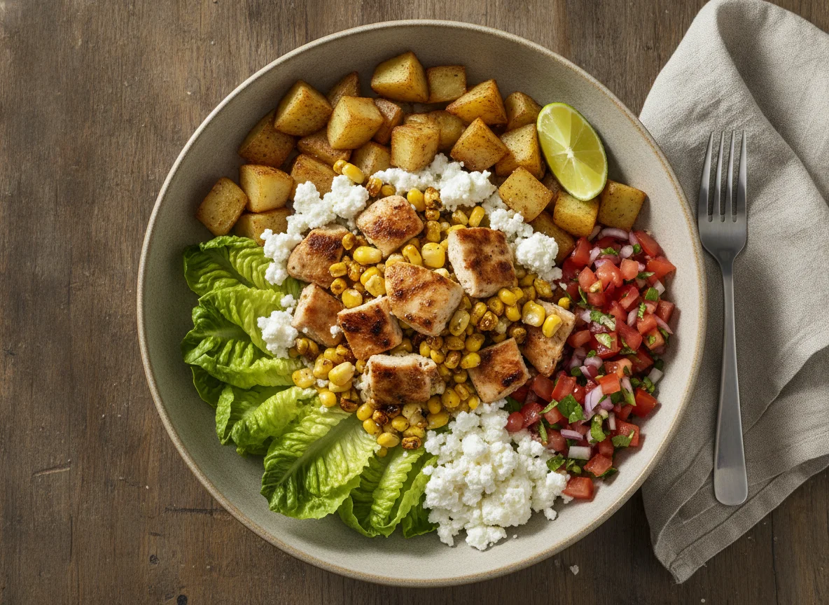 Bowl de pollo asado con elote y queso cottage photo