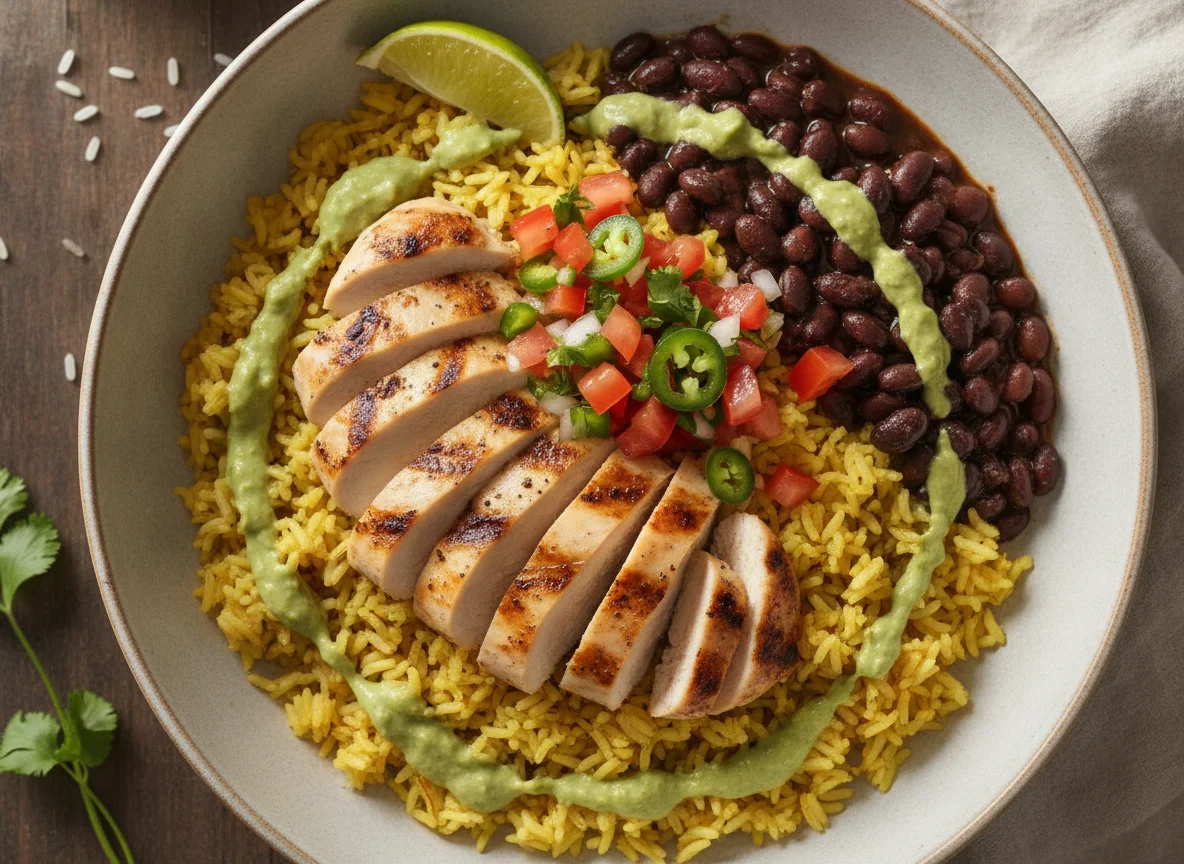 Bowl de pollo con arroz amarillo y frijoles negros photo
