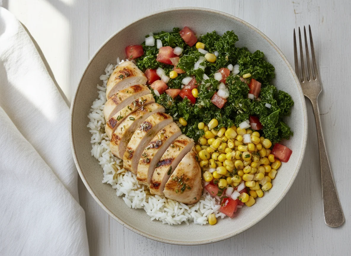 Bowl de pollo con col rizada y arroz photo