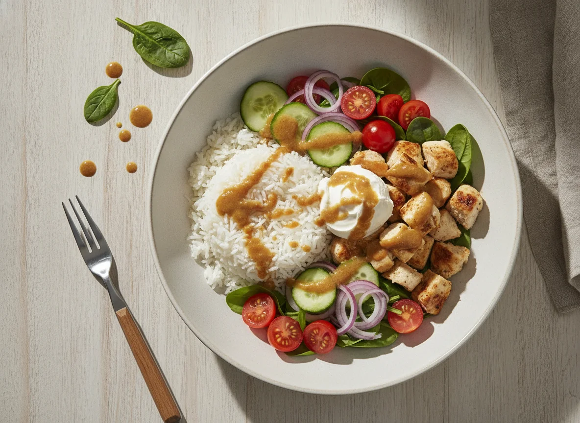 Bowl de pollo con vegetales y arroz photo