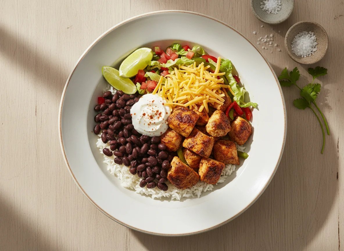 Bowl de pollo con vegetales y queso photo