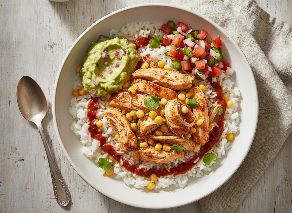 Bowl de Pollo Desmechado con Arroz y Maíz photo