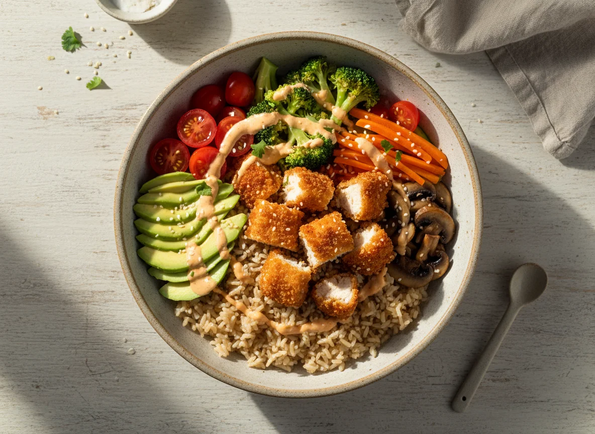Bowl de pollo empanizado con vegetales y aguacate photo