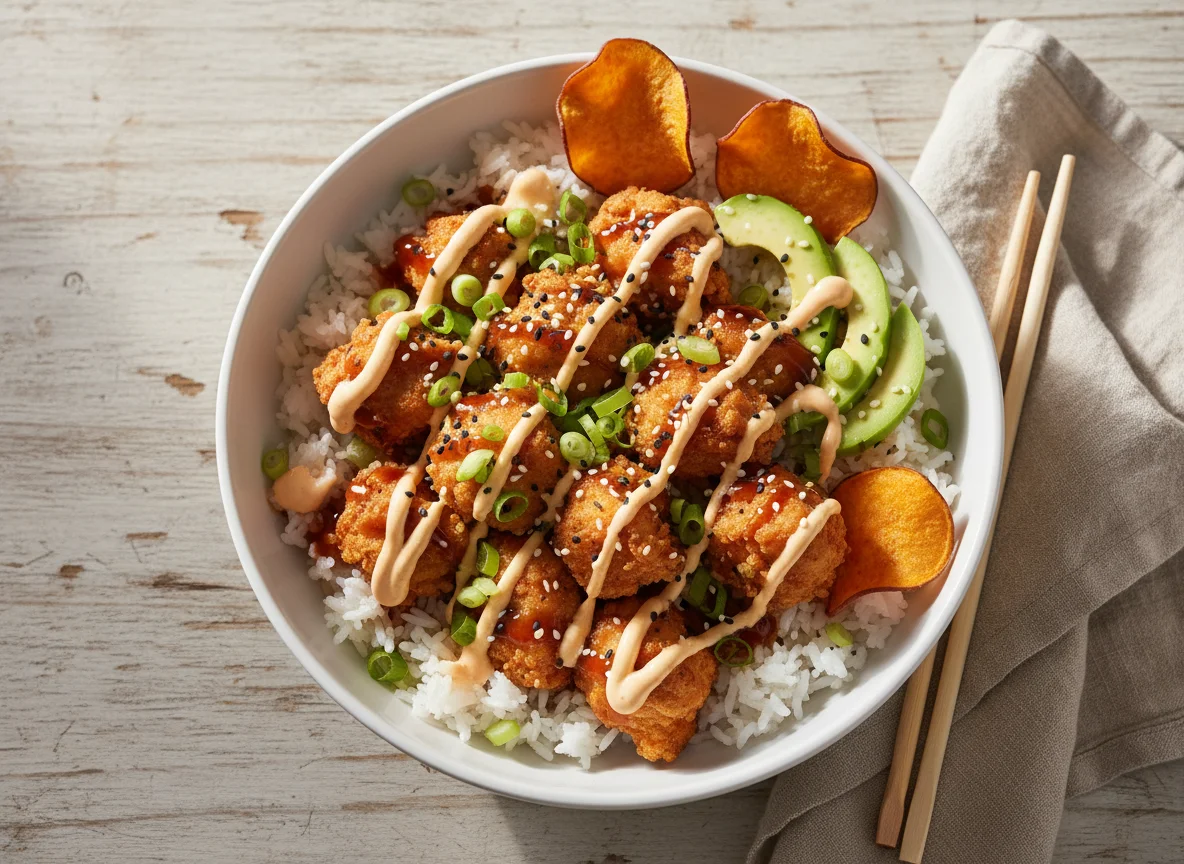 Bowl de pollo frito con arroz y vegetales photo