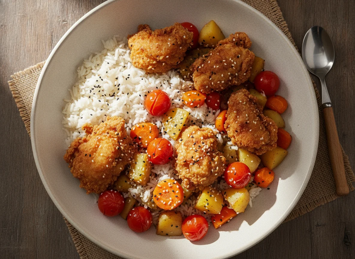 Bowl de pollo frito con arroz y verduras photo
