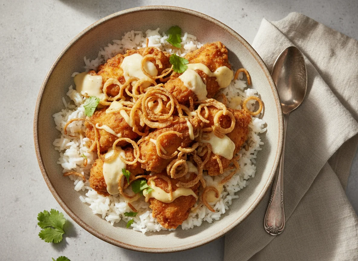 Bowl de Pollo Frito con Cebolla Crispy y Queso photo