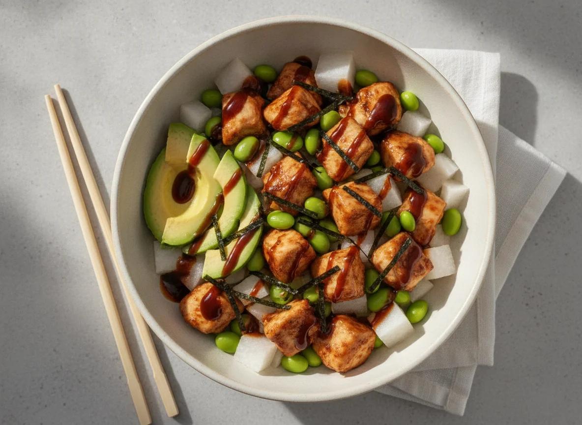 Bowl de pollo teriyaki con aguacate y jícama photo