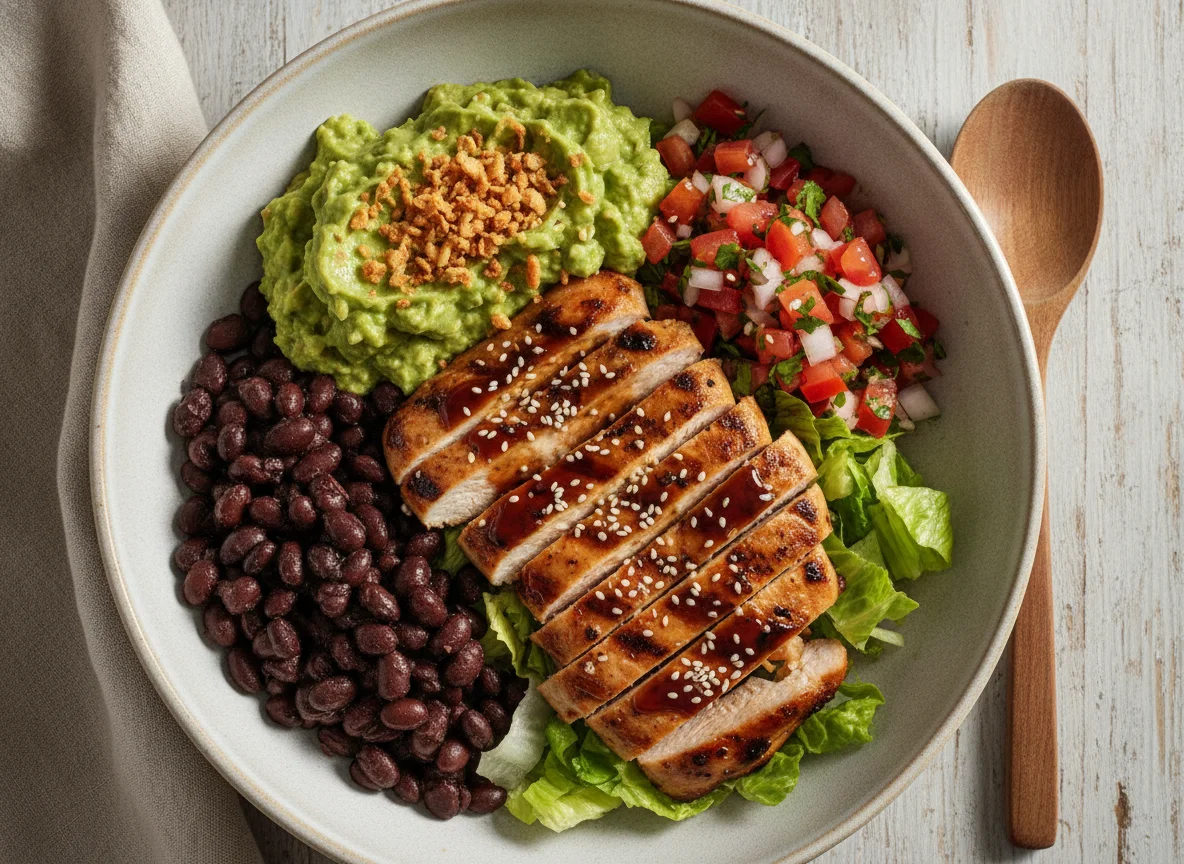 Bowl de Pollo Teriyaki con Frijoles y Guacamole photo