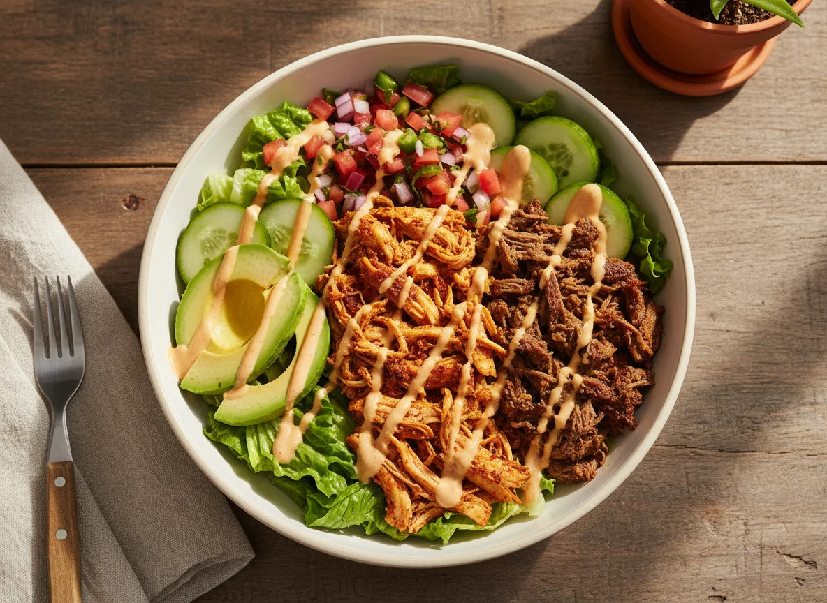 Bowl de pollo y carne desmechada photo