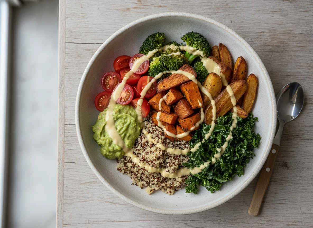 Bowl de quinoa con vegetales y aderezo photo