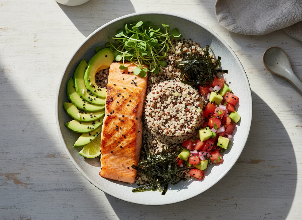 Bowl de salmón con aguacate y quinoa photo