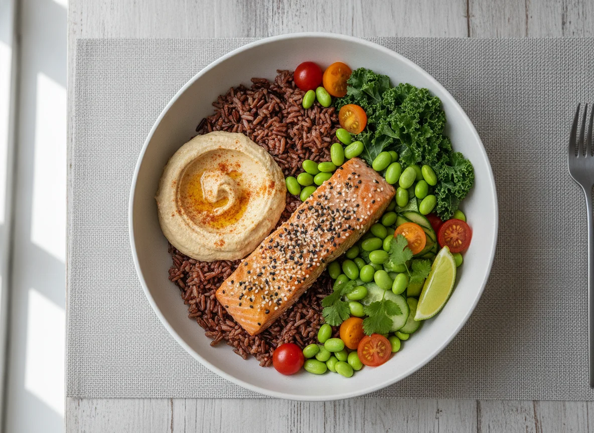 Bowl de salmón con arroz integral y hummus photo