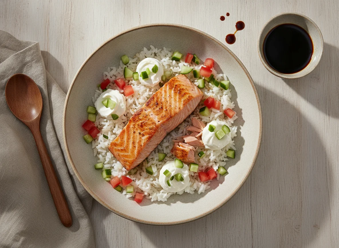 Bowl de salmón con arroz y queso crema photo