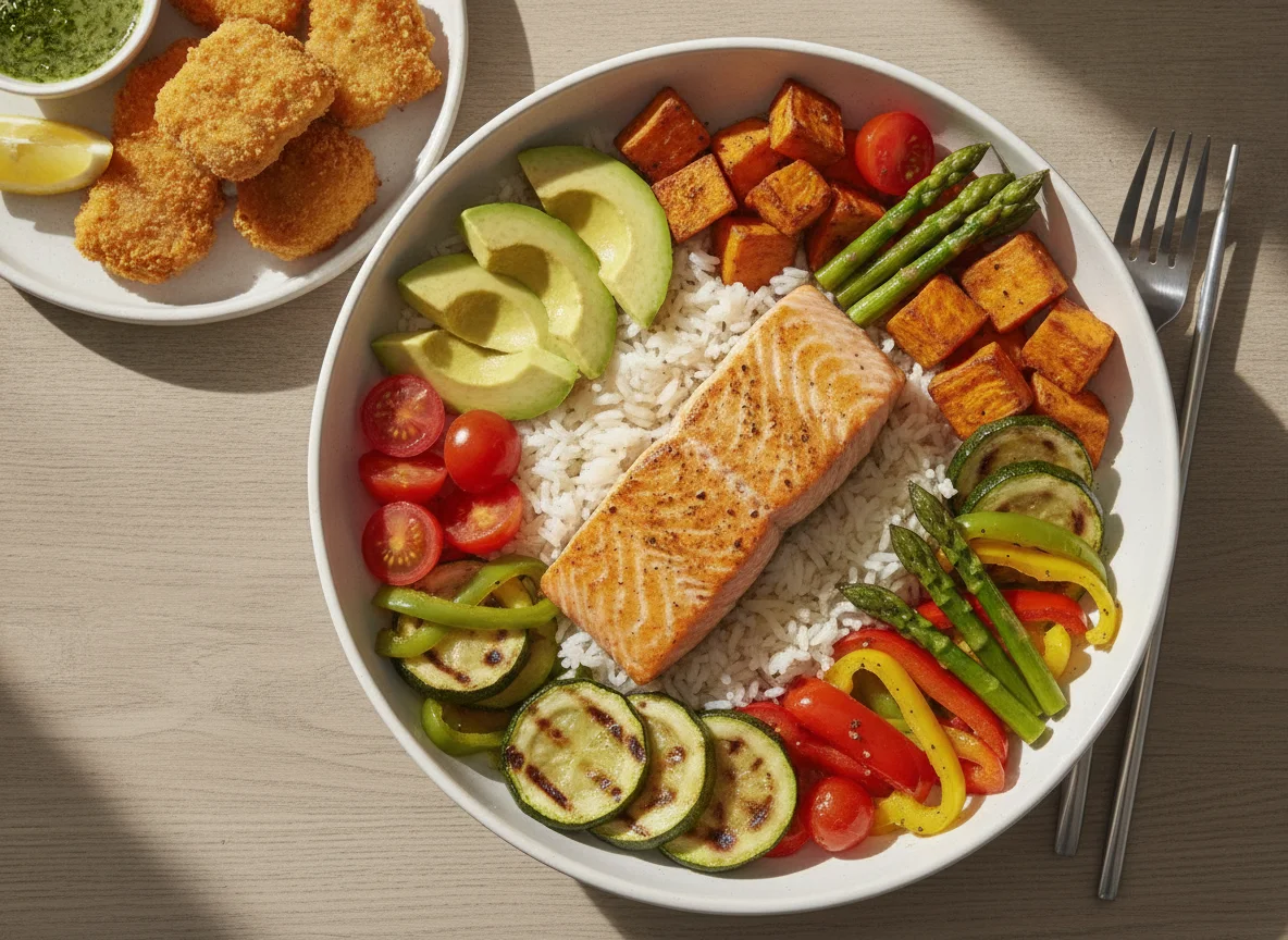 Bowl de salmón con arroz y verduras con pollo empanado photo