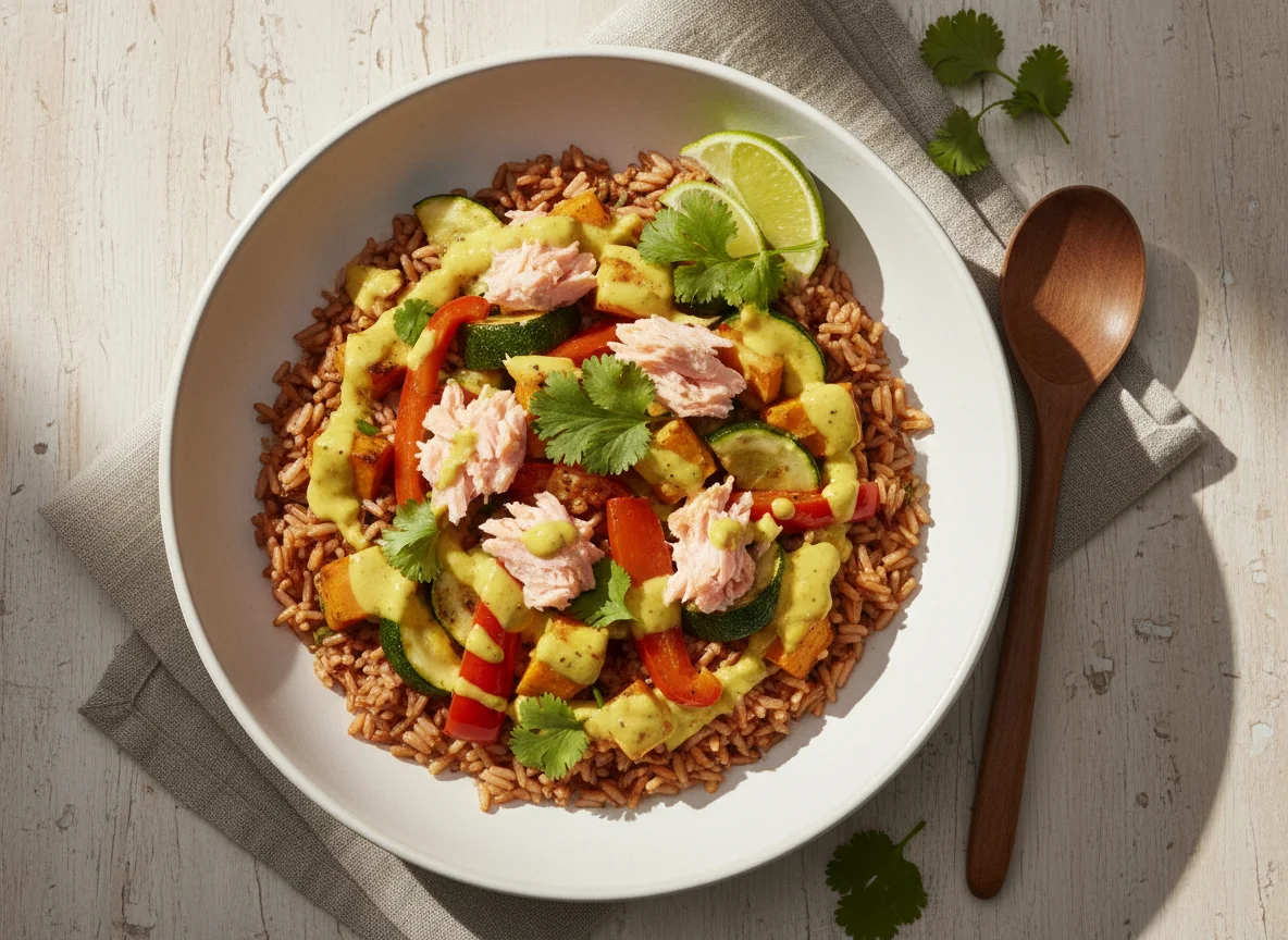 Bowl de salmón con arroz y verduras photo