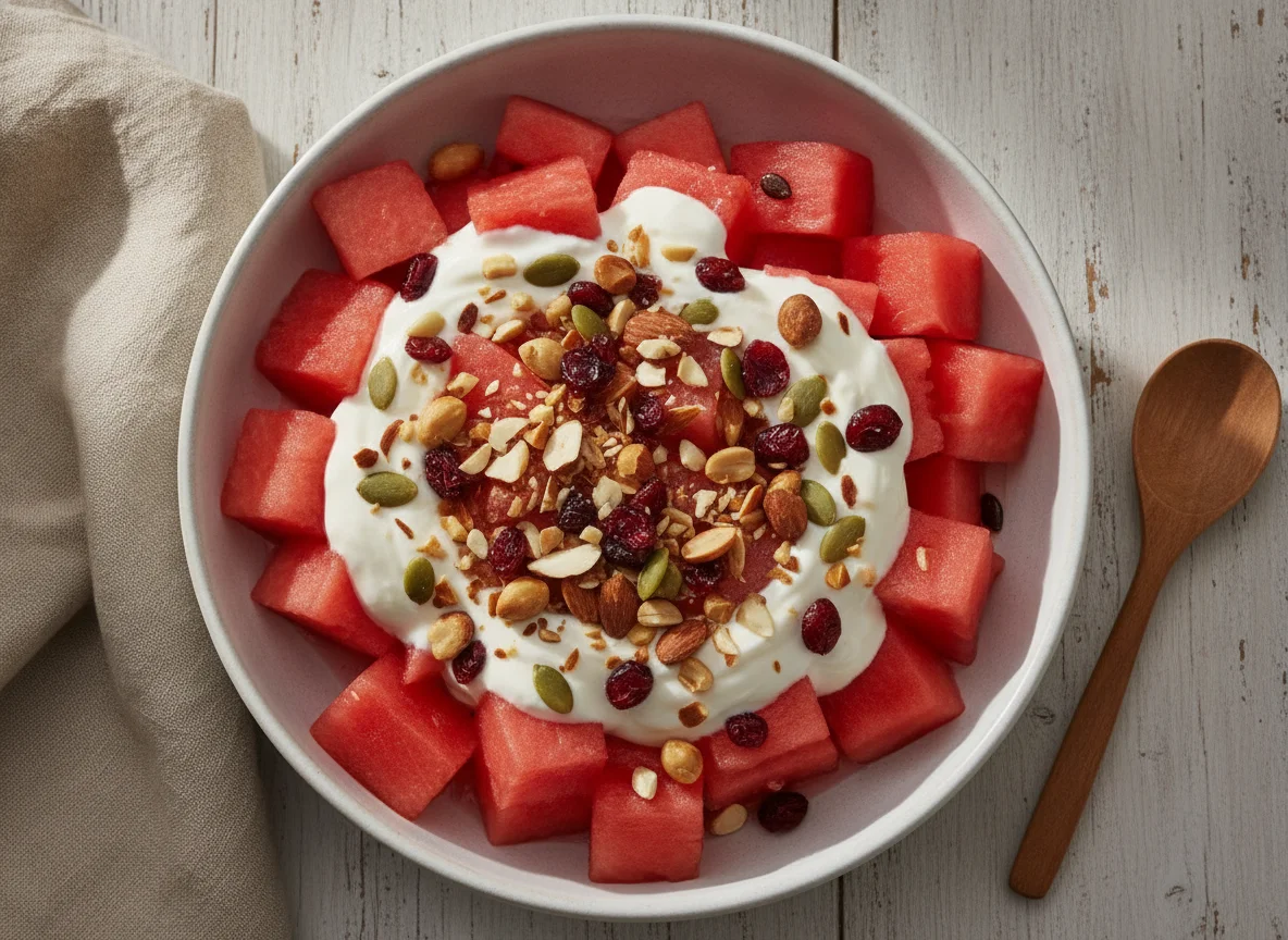 Bowl de sandía con yogur y frutos secos photo