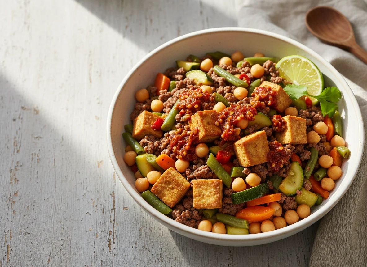 Bowl de tofu y carne picada con verduras photo