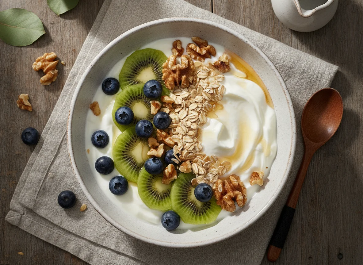 Bowl de yogur con frutas, avena y nueces photo