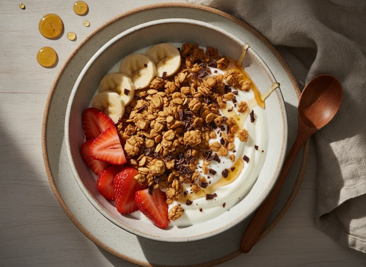 Bowl de yogur con frutas, granola y chocolate photo