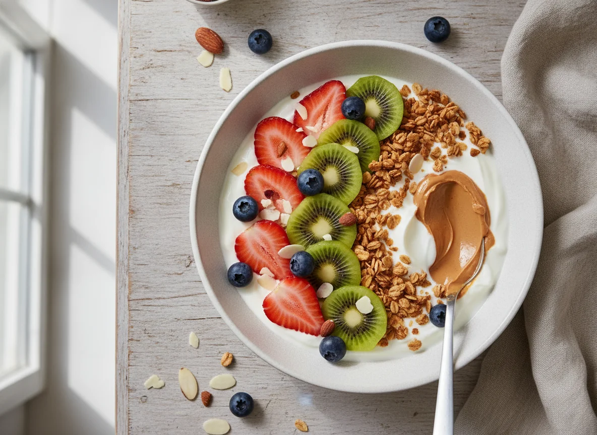 Bowl de yogur con frutas, granola y mantequilla de maní photo
