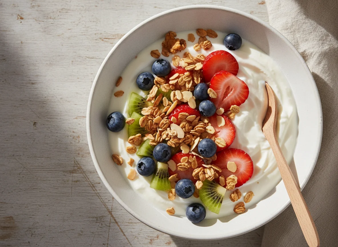 Bowl de yogur con frutas y almendras photo