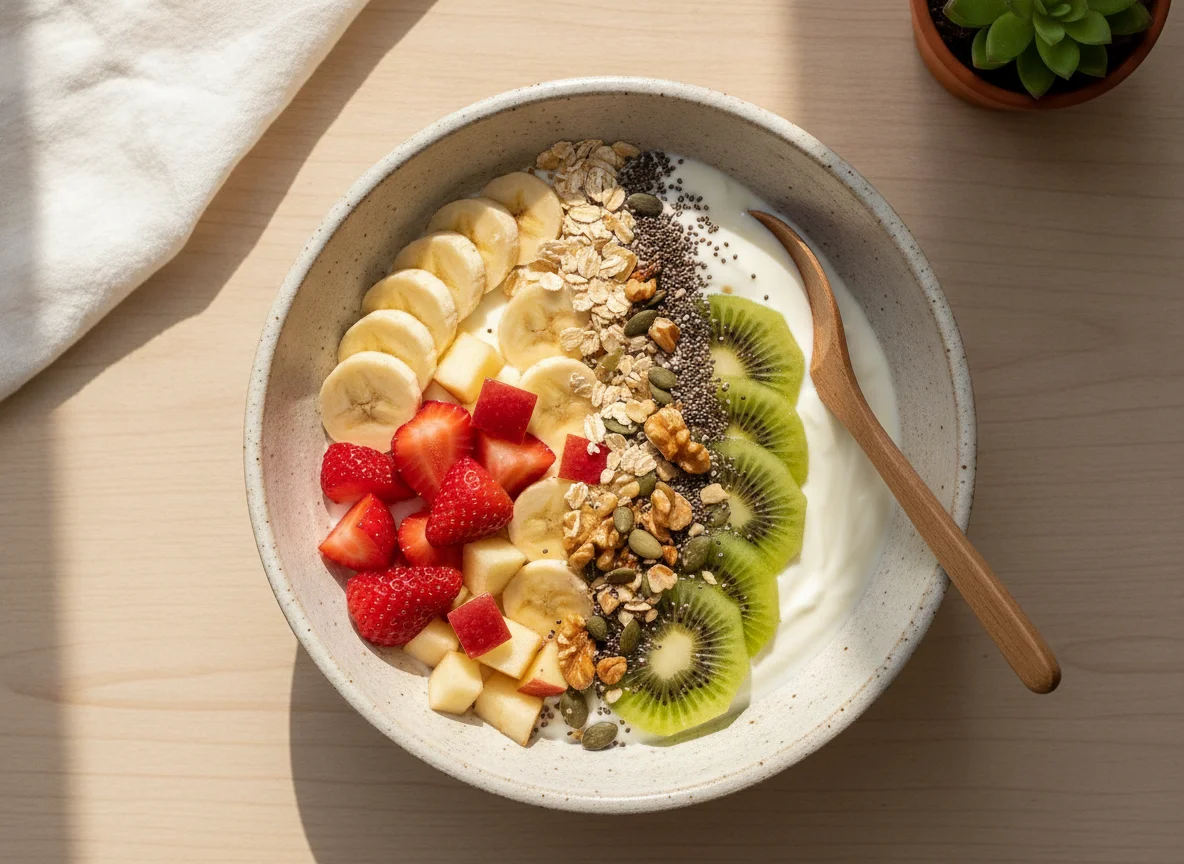 Bowl de yogur con frutas y avena photo