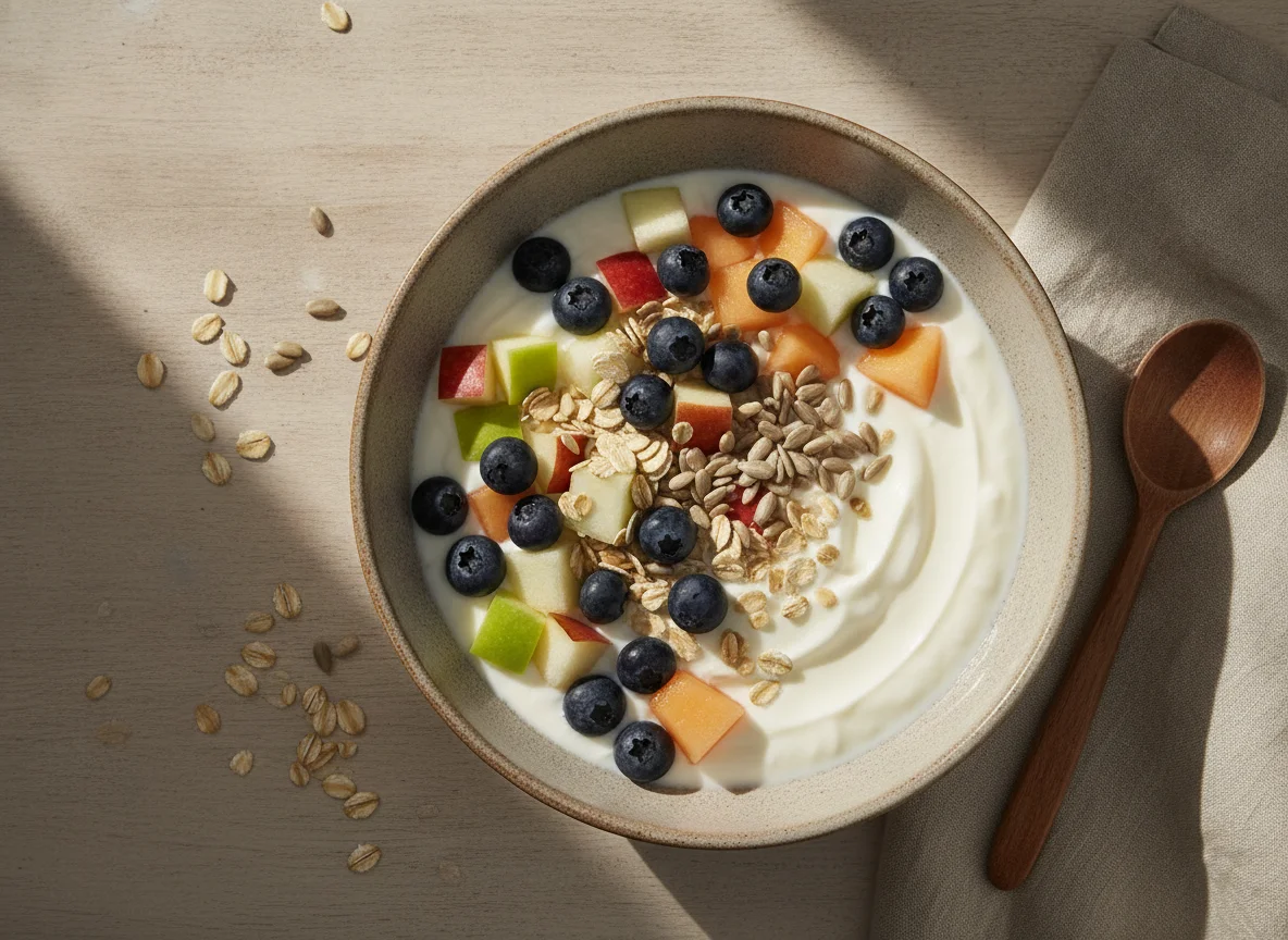 Bowl de yogur con frutas y cereales photo