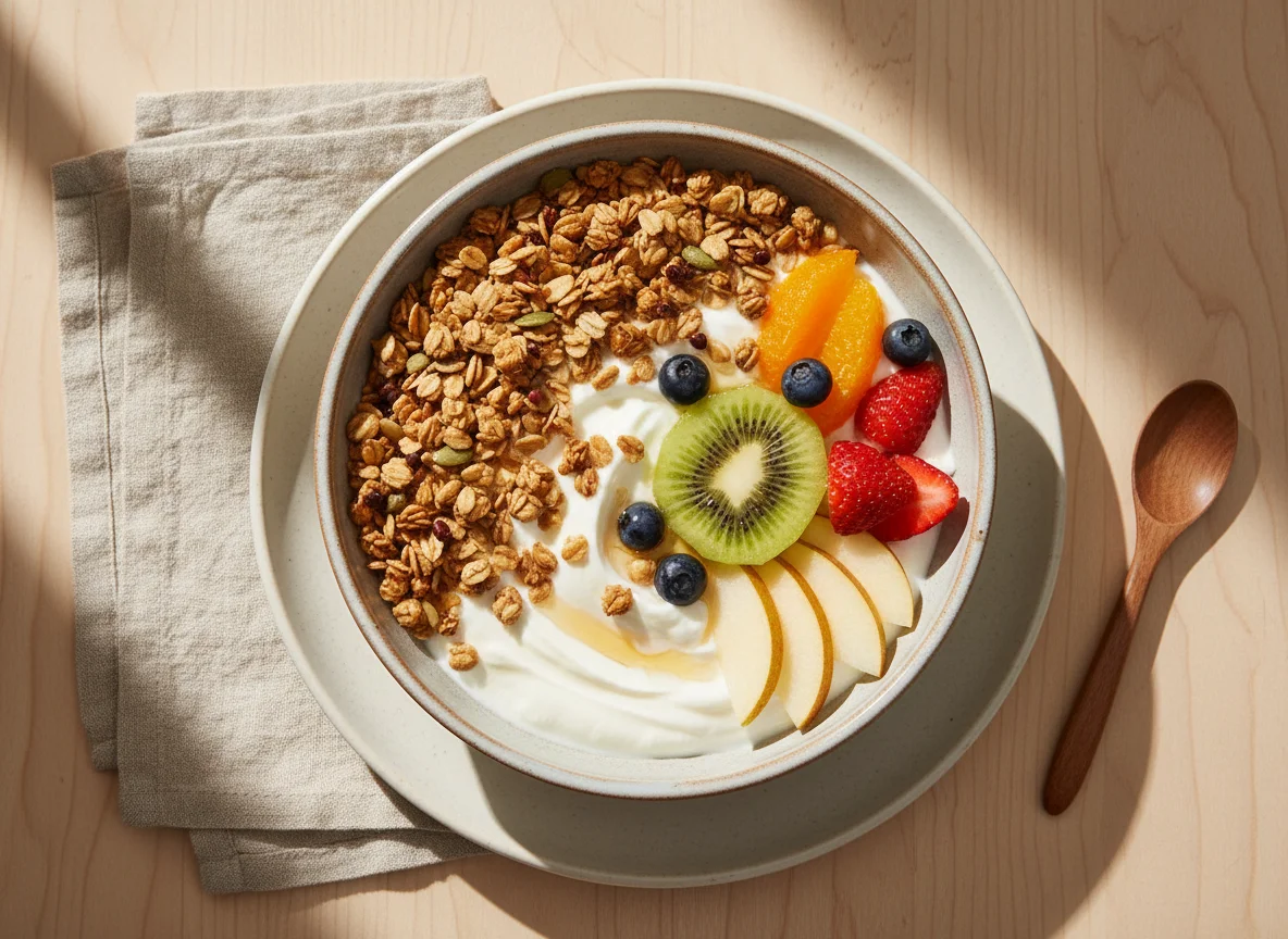 Bowl de yogur con frutas y granola photo