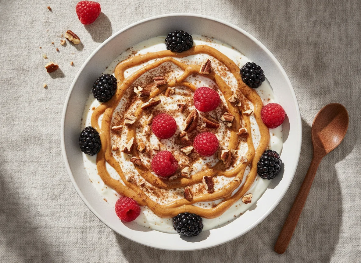 Bowl de yogur con frutos rojos, nueces y crema de cacahuate photo