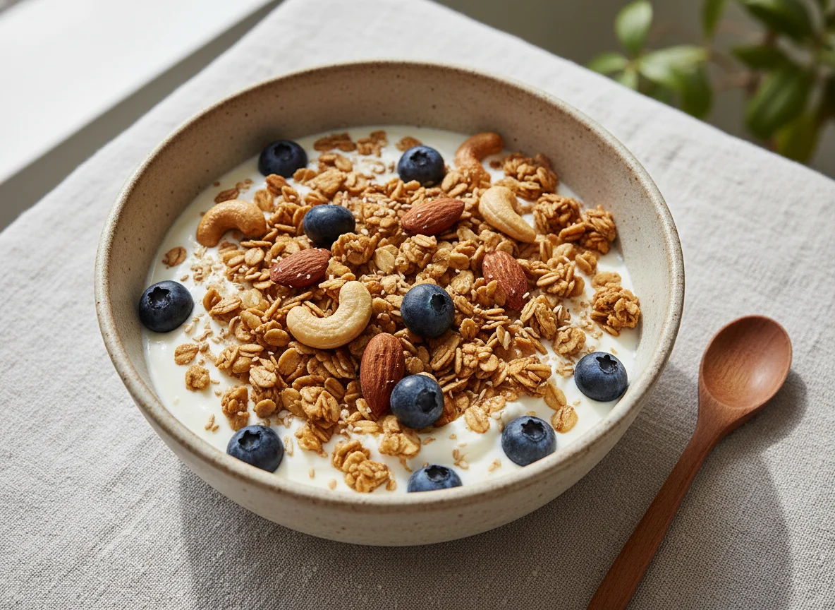 Bowl de yogur con granola, frutos secos y arándanos photo