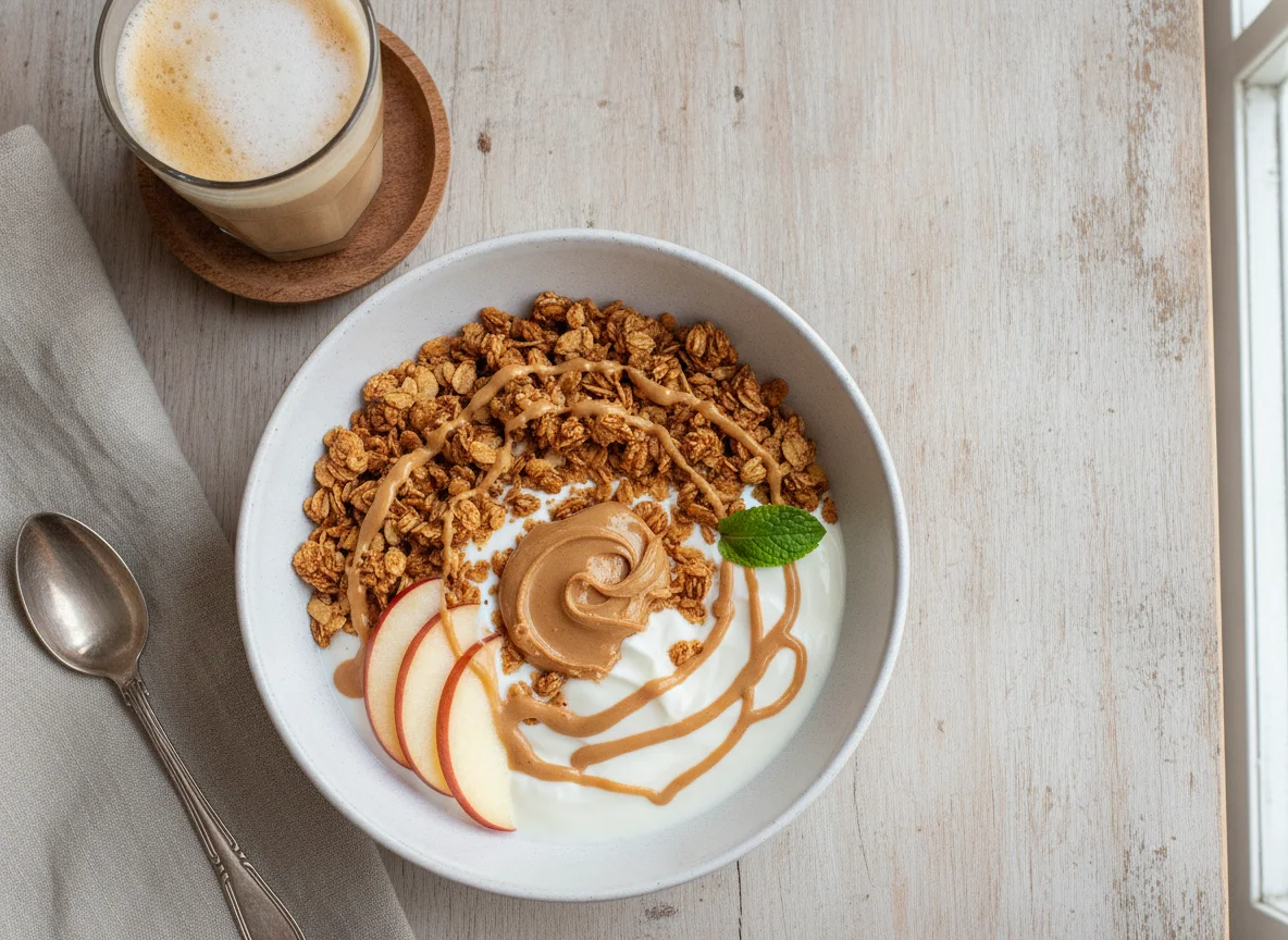 Bowl de yogur con granola, manzana y café con leche photo