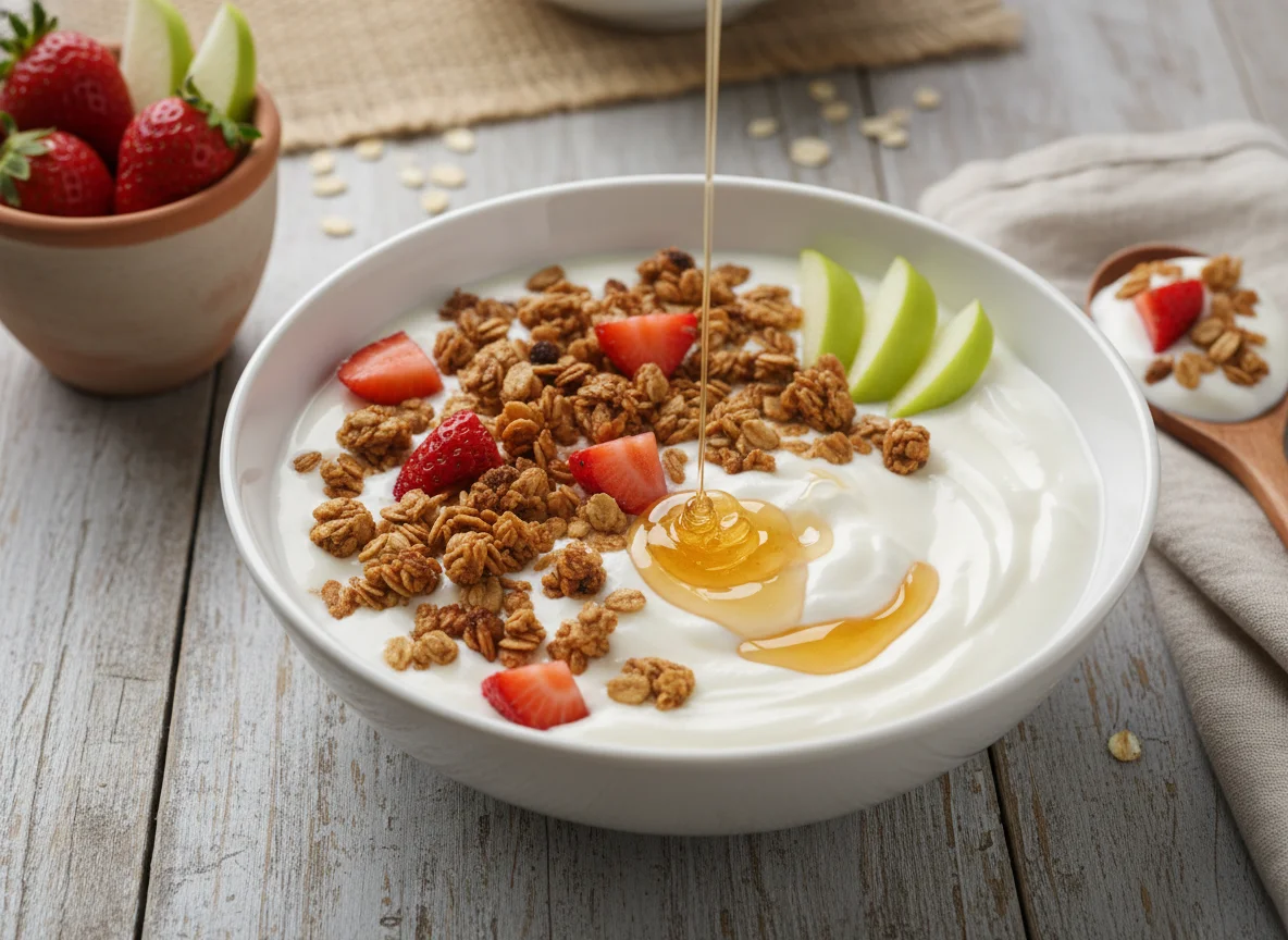 Bowl de yogur con granola y frutas photo