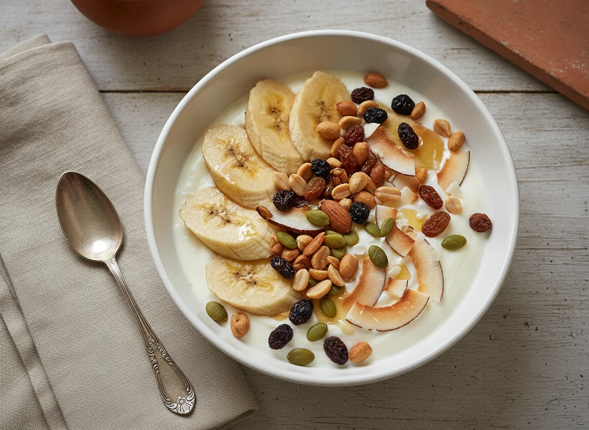 Bowl de yogur con plátano y frutos secos photo