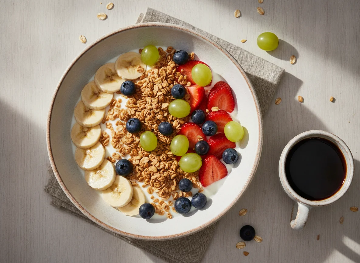 Bowl de yogurt con frutas y granola con café photo