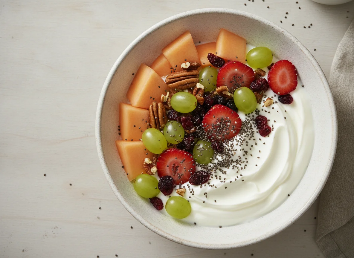 Bowl de yogurt con frutas y semillas photo