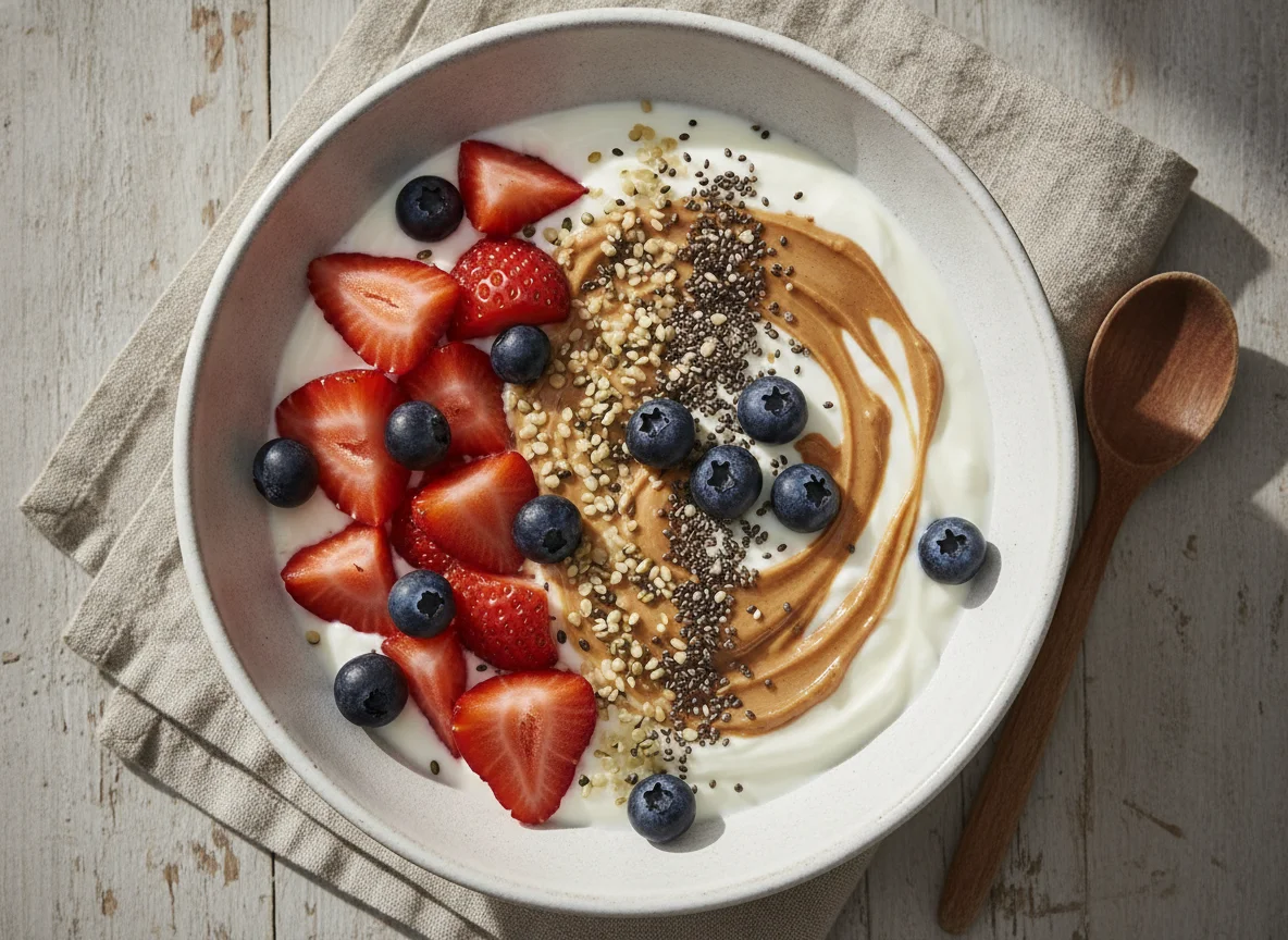 Bowl de yogurt con frutos rojos y semillas photo