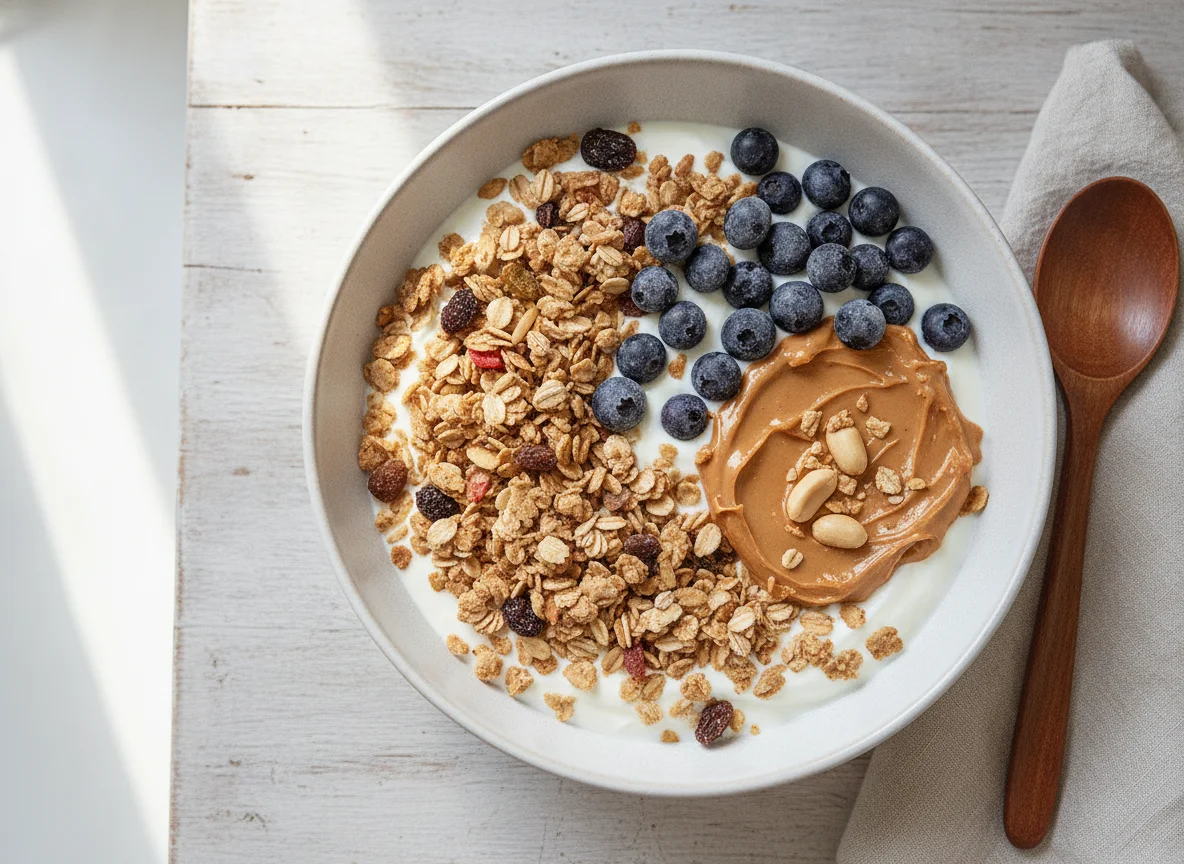 Bowl de yogurt con muesli, arándanos y mantequilla de maní photo