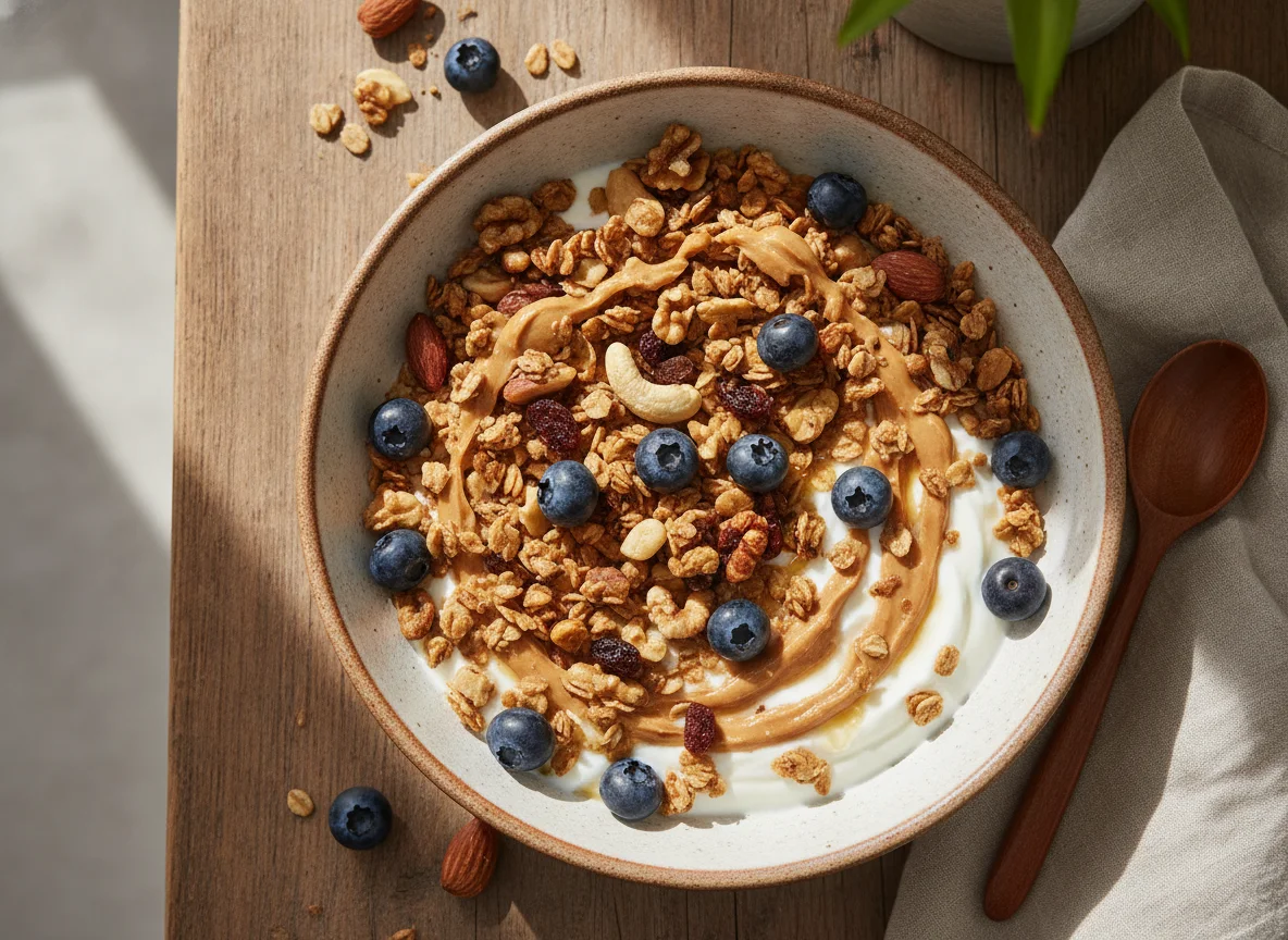 Bowl de yogurt con muesli, mantequilla de maní y arándanos photo