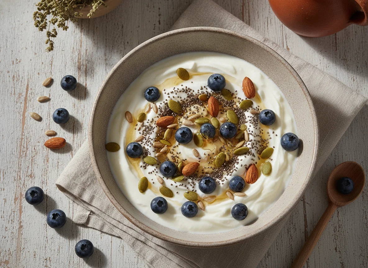 Bowl de yogurt con semillas, frutos secos y arándanos photo