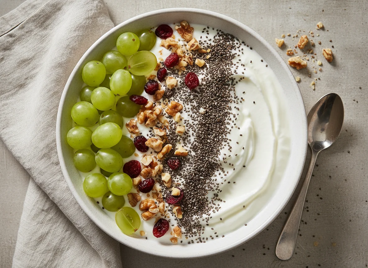 Bowl de yogurt con uvas, nueces y chía photo