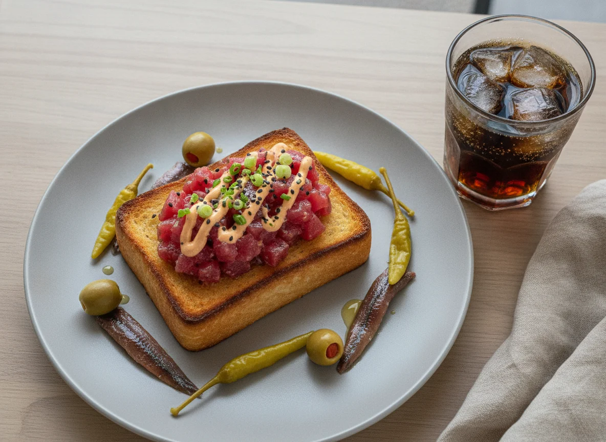 Brioche de tartar de atún con guarnición de encurtidos photo