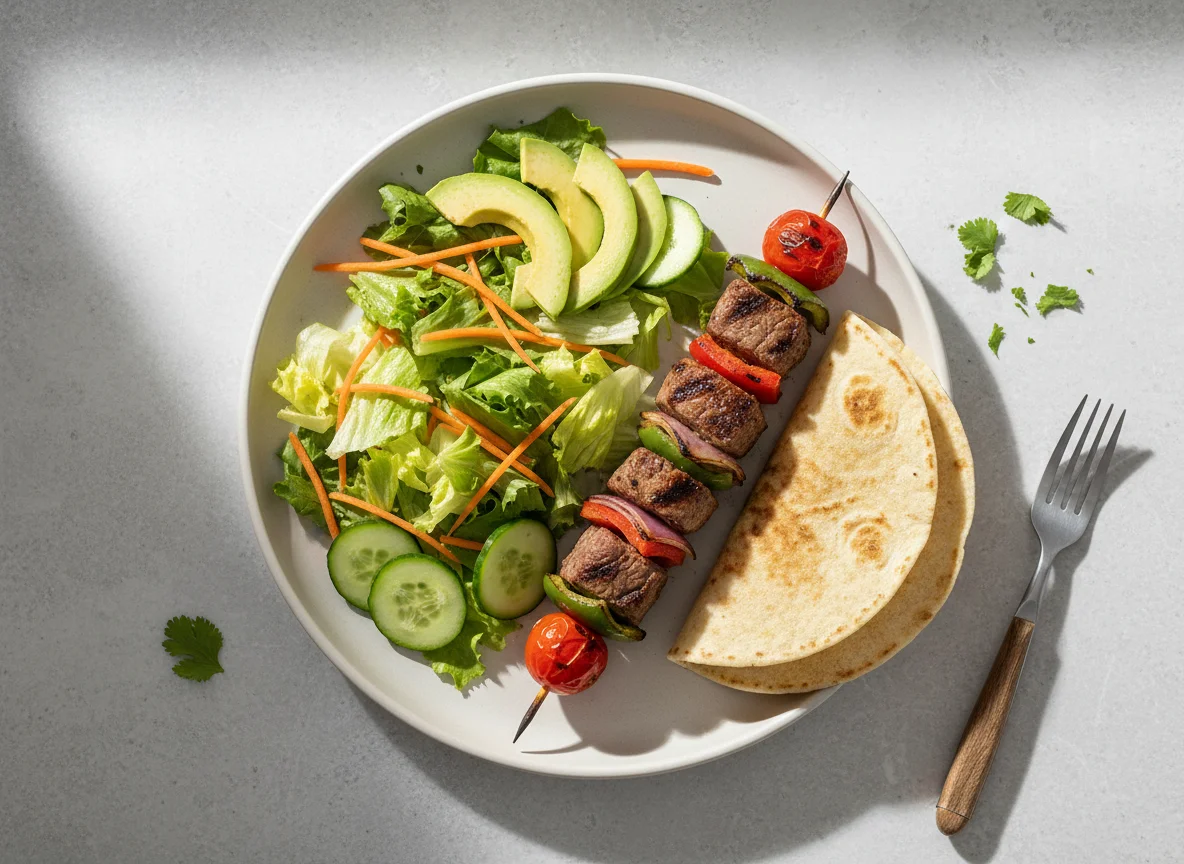 Brocheta de carne con ensalada y tortilla photo