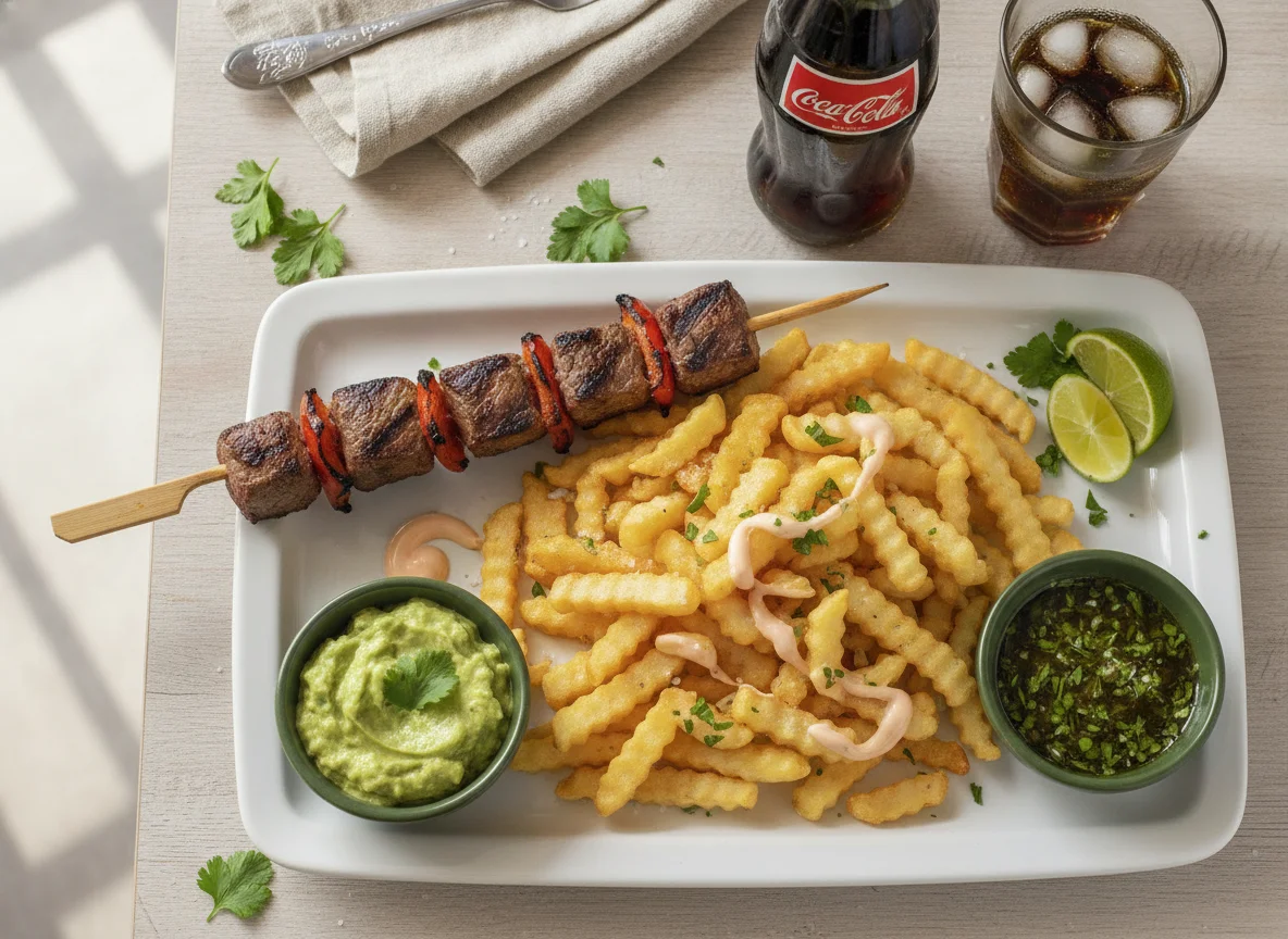 Brocheta de carne con papas fritas y gaseosa photo