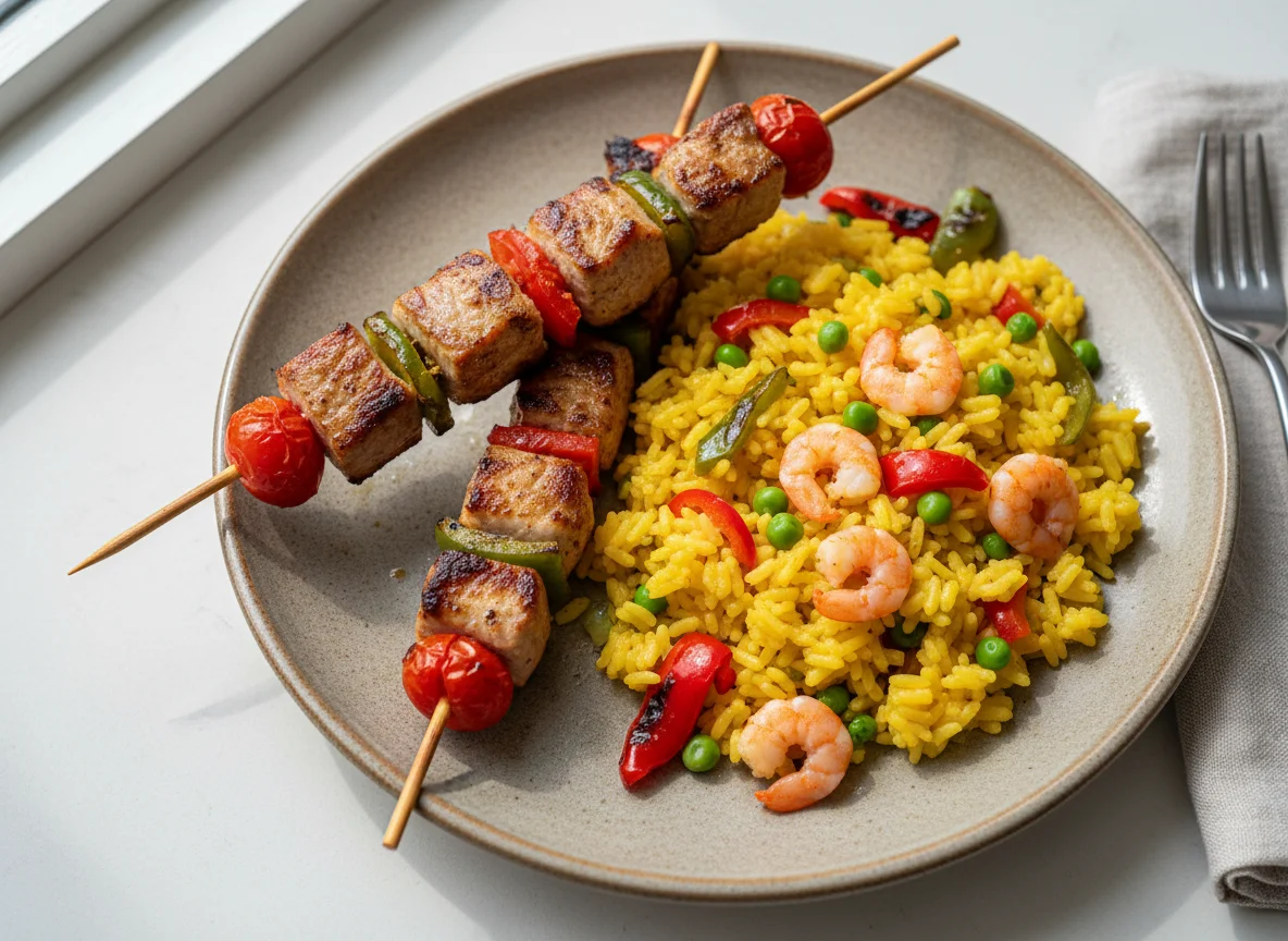 Brocheta de carne y arroz photo