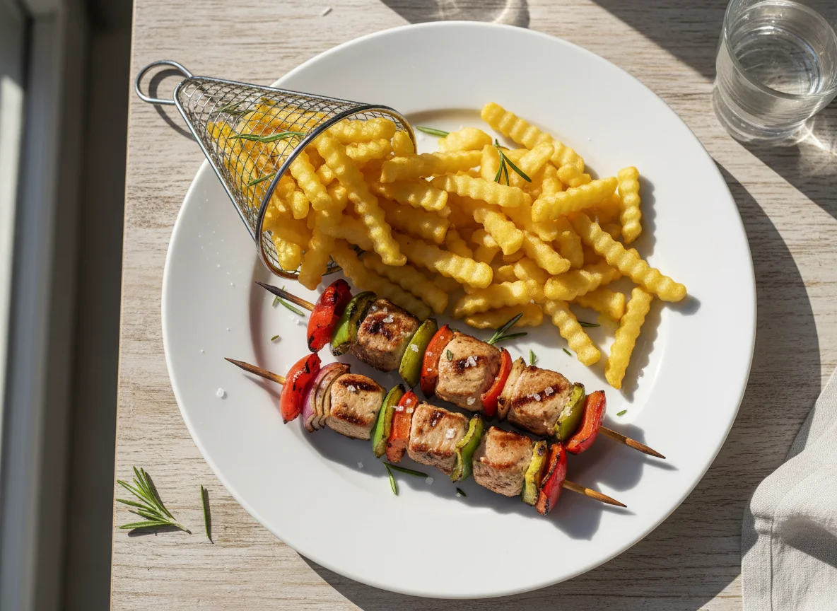 Brocheta de carne y verduras con patatas fritas photo