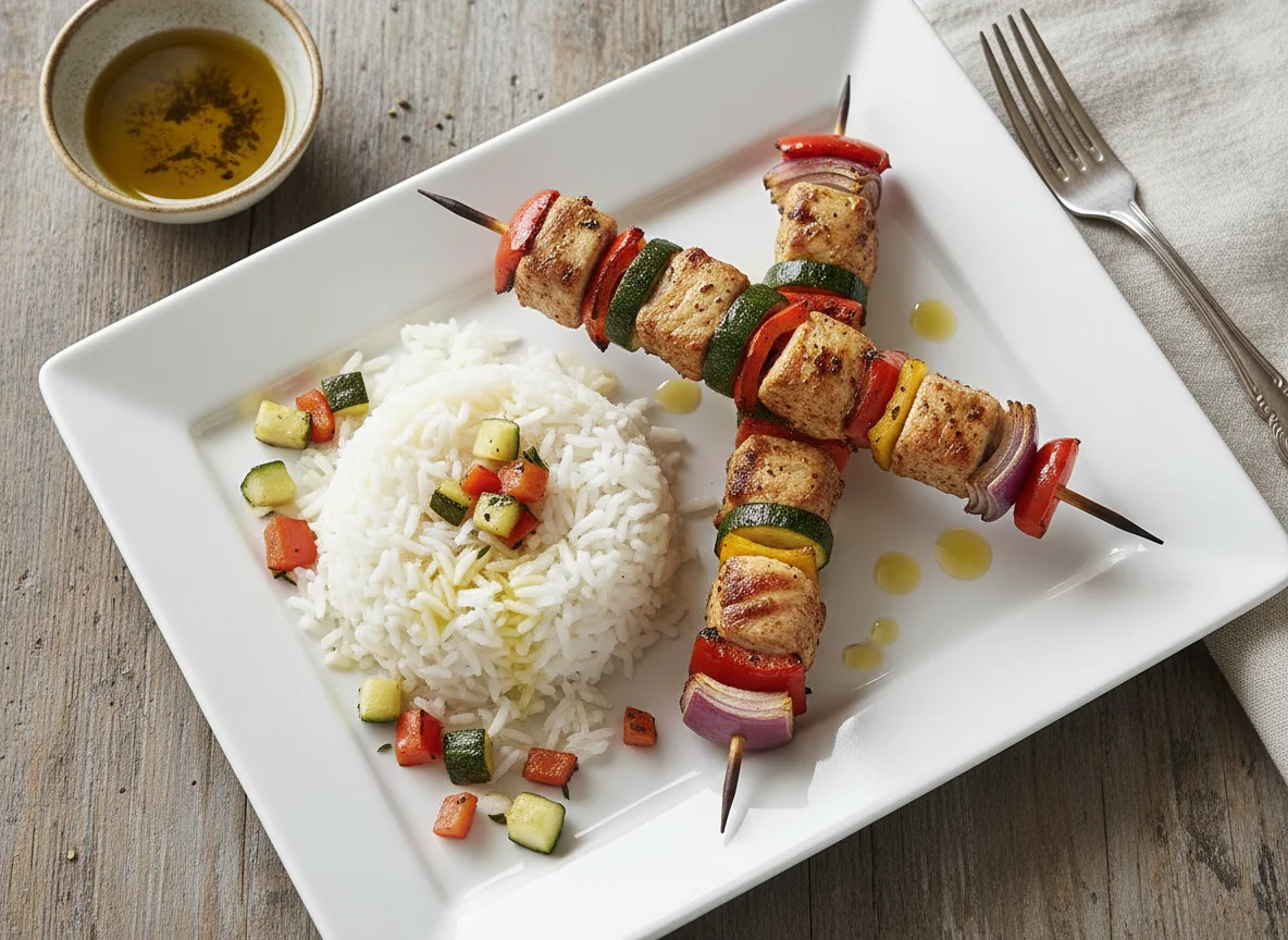 Brocheta de cerdo con arroz y verduras photo