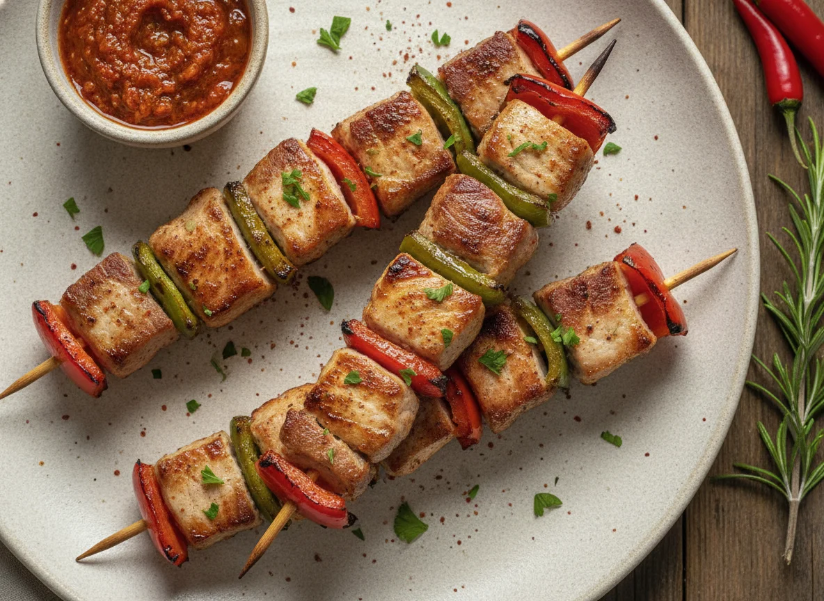 Brocheta de cerdo con pimientos photo